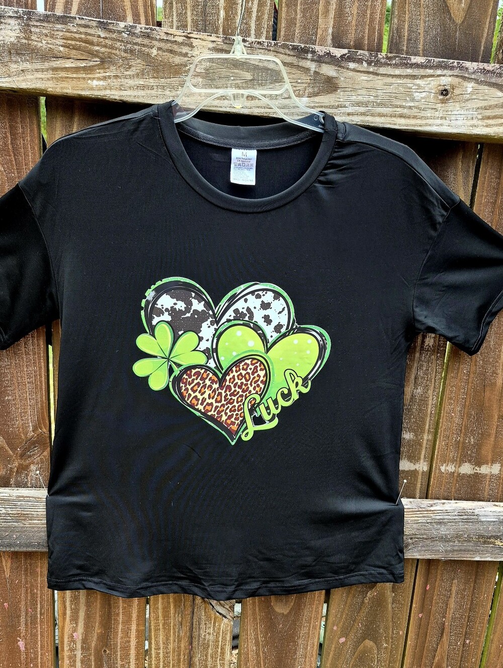 'Luck' Heart Black T-Shirt Graphic Unisex Medium